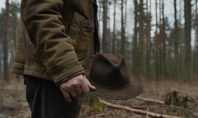 Sticker - A man holds a hat in a forest. AI.