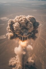 Poster - A plume of smoke and debris rises from a desert landscape. AI.