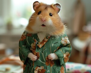 Wall Mural - A hamster dressed in a floral robe. AI.