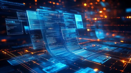  Abstract network grid with files and folders, futuristic software interface, digital document management system, store, search and organize documents, corporate business, paperless office