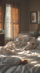 Poster - A cozy bed with a blanket and soft light. AI.