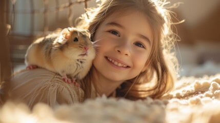 Wall Mural - A girl smiles while holding a hamster on her shoulder. AI.