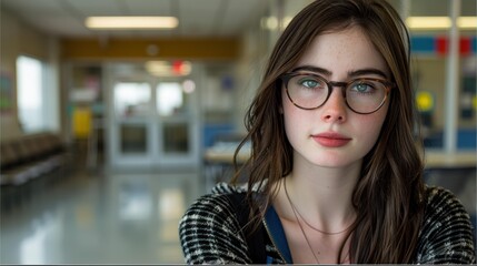 Poster - A young woman wearing glasses looks at the camera. AI.