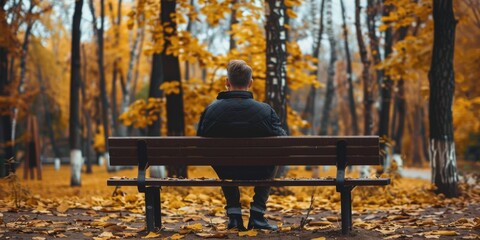 Sticker - A man sits on a bench in an autumn park. AI.