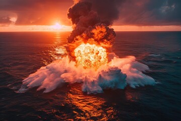 Sticker - A fiery explosion erupts in the ocean, sending plumes of smoke and water high into the air. AI.