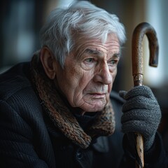 Wall Mural - An elderly man with a cane looks thoughtfully off into the distance. AI.