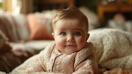 Wall Mural - A baby with big blue eyes smiles while laying on a blanket. AI.