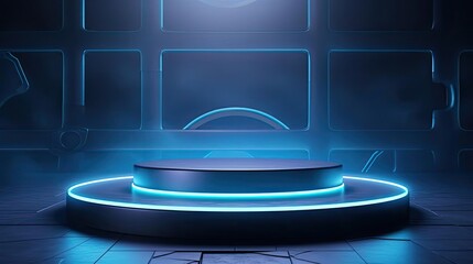 Canvas Print - A large circular table is set in the middle of a dark blue neon lit futuristic conference room. The room has high tech elements and is designed for meetings with a sci-fi feel.