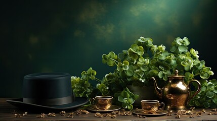 Wall Mural - A table decorated for a wedding, featuring traditional items like a bowler hat, coins, and Irish clovers.