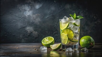 Wall Mural - Cocktail with lime and ice in a glass on dark background, cocktail, lime, ice, glass, dark, background, drink, alcohol, refreshing