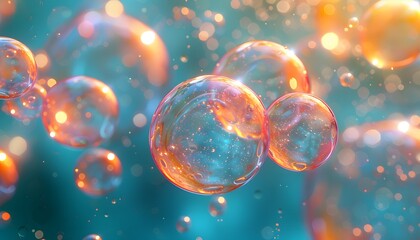 Aufkleber - A group of iridescent bubbles floating on a turquoise background with a soft golden glow