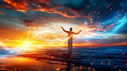 Wall Mural - Man Standing in the Sunset with Light Streaks