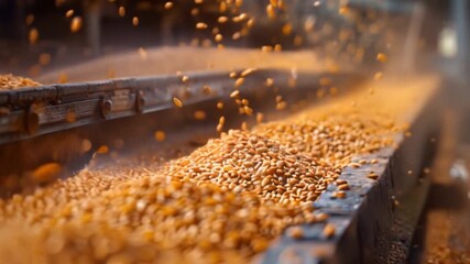 Poster - This Wheat grains are being processed and sorted in a busy facility.