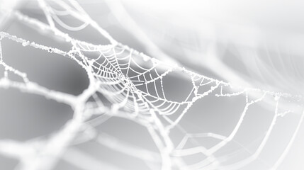 Closeup macro shot spider web covered dew drops delicate nature background monochrome white gray tones intricate pattern symmetry fragility beauty wildlife insect arachnid gossamer thread delicate