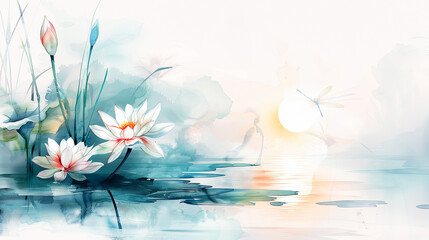 Watercolor painting white lotus flower dragonfly sunset nature landscape illustration serene zen meditation peace tranquility beauty flora botanical floral bloom blossom water pond lake