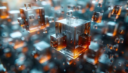 Leinwandbilder - A group of glass cubes with orange highlights, suspended in the air
