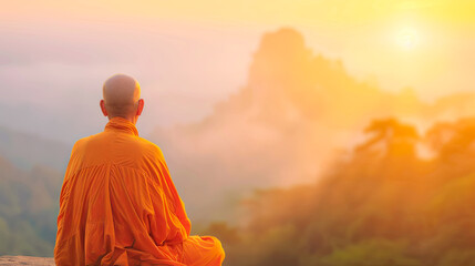 Buddhist monk meditating on a mountain sunrise background enlightenment spiritual peace religion travel buddhism faith nature meditation wellness serenity zen asia mindful mindfulness temple calm