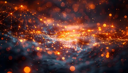 Leinwandbilder - A dark, abstract background with a wave of glowing orange dots and lines