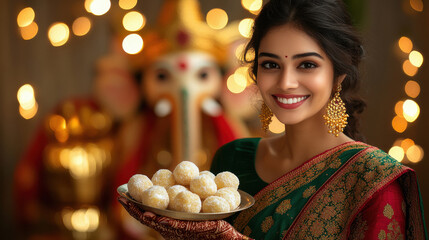 Wall Mural - Young indian woman in traditional attire holding laddoo plate