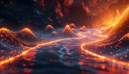 Aufkleber - A glowing river flows through a dark and abstract landscape