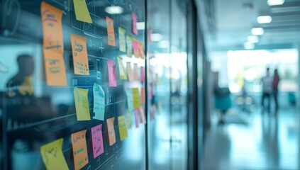 Poster - A Close-Up of a Glass Board Covered in Colorful Sticky Notes