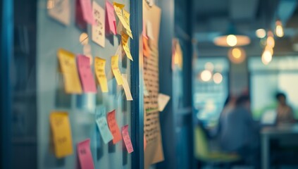 Poster - Colorful Sticky Notes on a Glass Door in an Office