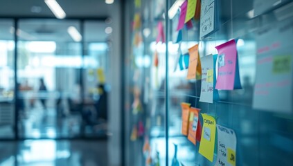 Poster - Colorful Sticky Notes on Glass Wall in Blurred Office Background