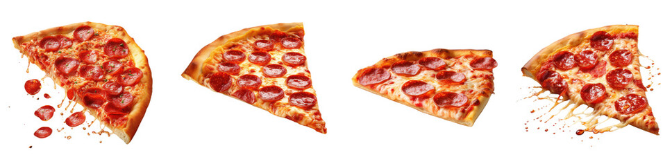 delicious tasty slice of pepperoni pizza flying isolated on transparent background