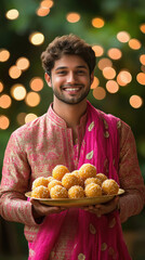 Wall Mural - attractive indian luxury handsome Man holding plate of laddu in hand, smiling face.