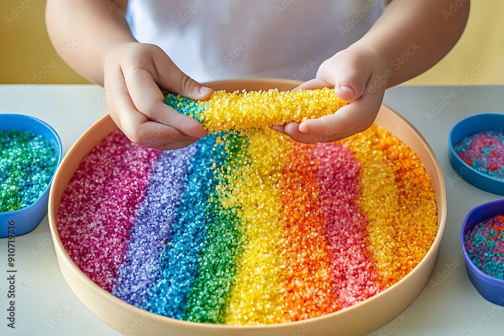 Child hands playing colored rice and make rainbow. Child filled the ...