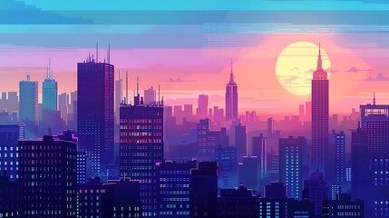 Poster - A Vibrant Cityscape at Sunset with a Full Moon.