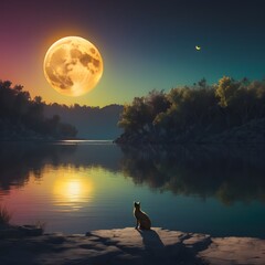 Wall Mural - This captivating image features a solitary man seated on a rugged rock, gazing contemplatively at a luminous full moon that casts a serene glow over the landscape. 