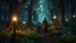 © 凱勛 張 - A fantasy-style elf strolling through an enchanted forest, with glowing trees and strange flora and fauna around.