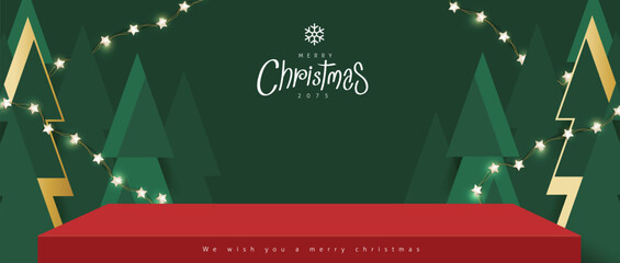 Wall Mural - merry christmas banner with red product display and christmas tree abstract background