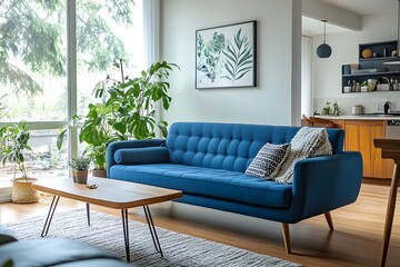 Wall Mural - Mid century, scandinavian interior design of modern living room with blue sofa, negative space, sharp focus