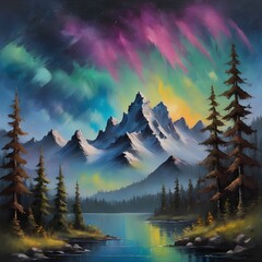 Wall Mural - This exquisite painting captures the serene beauty of a mountain lake surrounded by lush forests, enhanced by a vibrant rainbow arching gracefully across the sky