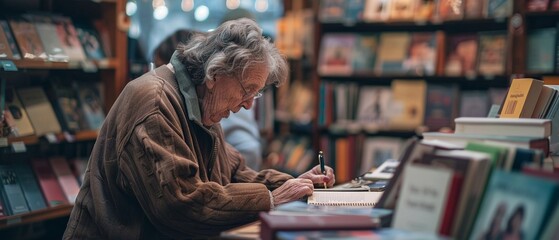 A senior author signing books at a local bookstore, inspiring fans with stories from their life