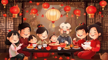 Beautiful vector scene of family reunion dinner during Chinese New Year 2025, vector style.