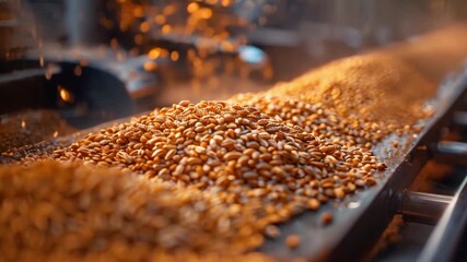 Poster - This Harvested wheat grains are moving along a conveyor belt during processing.