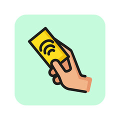 Poster - Hand holding identification card line icon. RFID card, access control, blue key card. Biometrics concept. Vector illustration can be used for topics like security, technology, protection