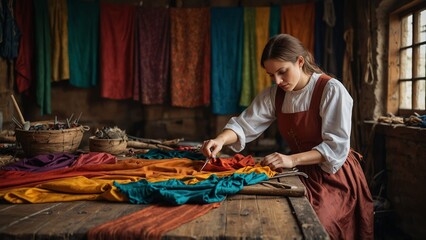 A medieval textile artisan creating beautiful fabrics in a workshop, surrounded by colorful silks and weaving tools.