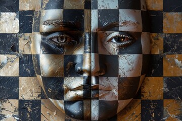 Close-up of two contrasting facial expressions, triumph and defeat, set against a chessboard background.