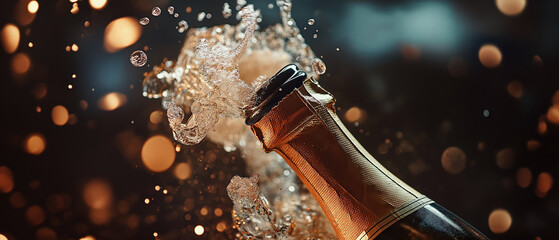 A close-up view of champagne bottle cork popping, with sparkling bubbles and splashes, perfect for celebration themes.