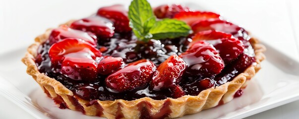 Fruit tart with a layer of fresh strawberries and mint, isolated on white, elegant and appetizing