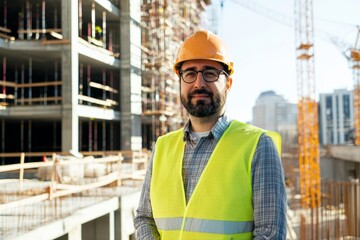 Wall Mural - Portrait of a civil engineer on a construction site during daylight, Generative AI