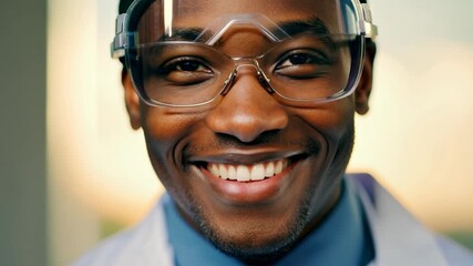 Wall Mural - A cheerful scientist with glasses and a lab coat stands in a laboratory, showcasing a bright smile against a softly lit backdrop