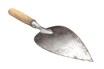 Rustic metal hand trowel with a wooden handle isolated on a transparent background. perfect for gardening and masonry tool collections.