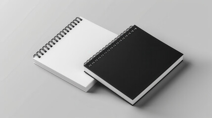 A high-quality mockup of two spiral-bound notebooks, one black and one white, placed side by side on a light gray background