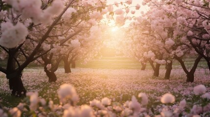 Wall Mural - Enchanting Cherry Blossom Grove at Sunset