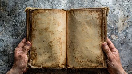 A high-resolution photo of an open book with blank pages, held by two hands on a concrete gray surface. The design is simple and elegant, with soft shadows and natural light highlighting the textures